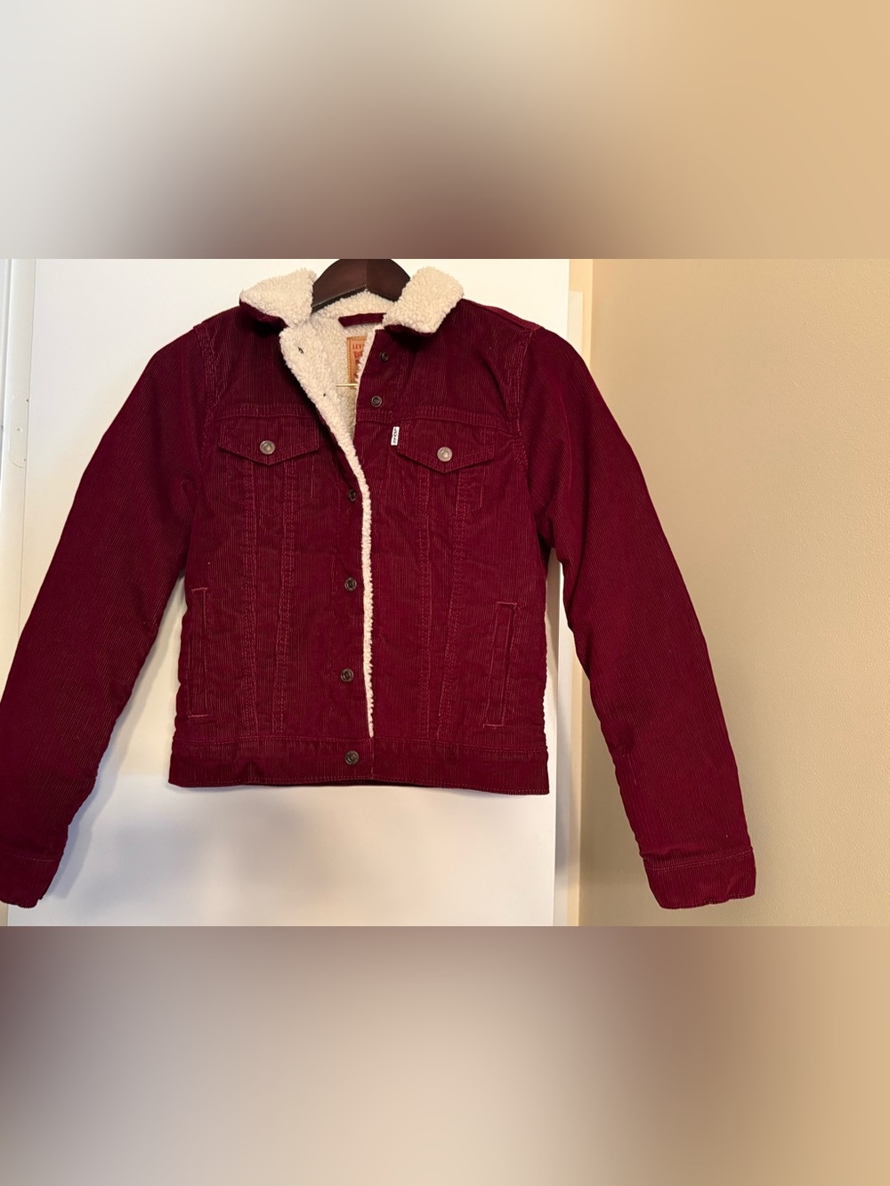 Levis Corduroy Sherpa Trucker Jacket Coat Burgundy Women's Size XS